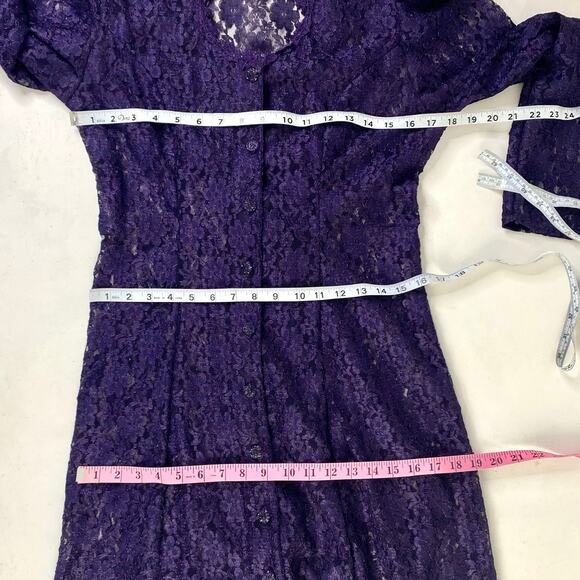 🥀 Vintage Purple Floral Lace High Neck Button Front Long Overlay Midi Dress Sz M - Picture 6 of 8
